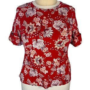 Liz Claiborne Tee Shirt Womens XL Asian Floral Knit Top Round Neck Short Sleeve